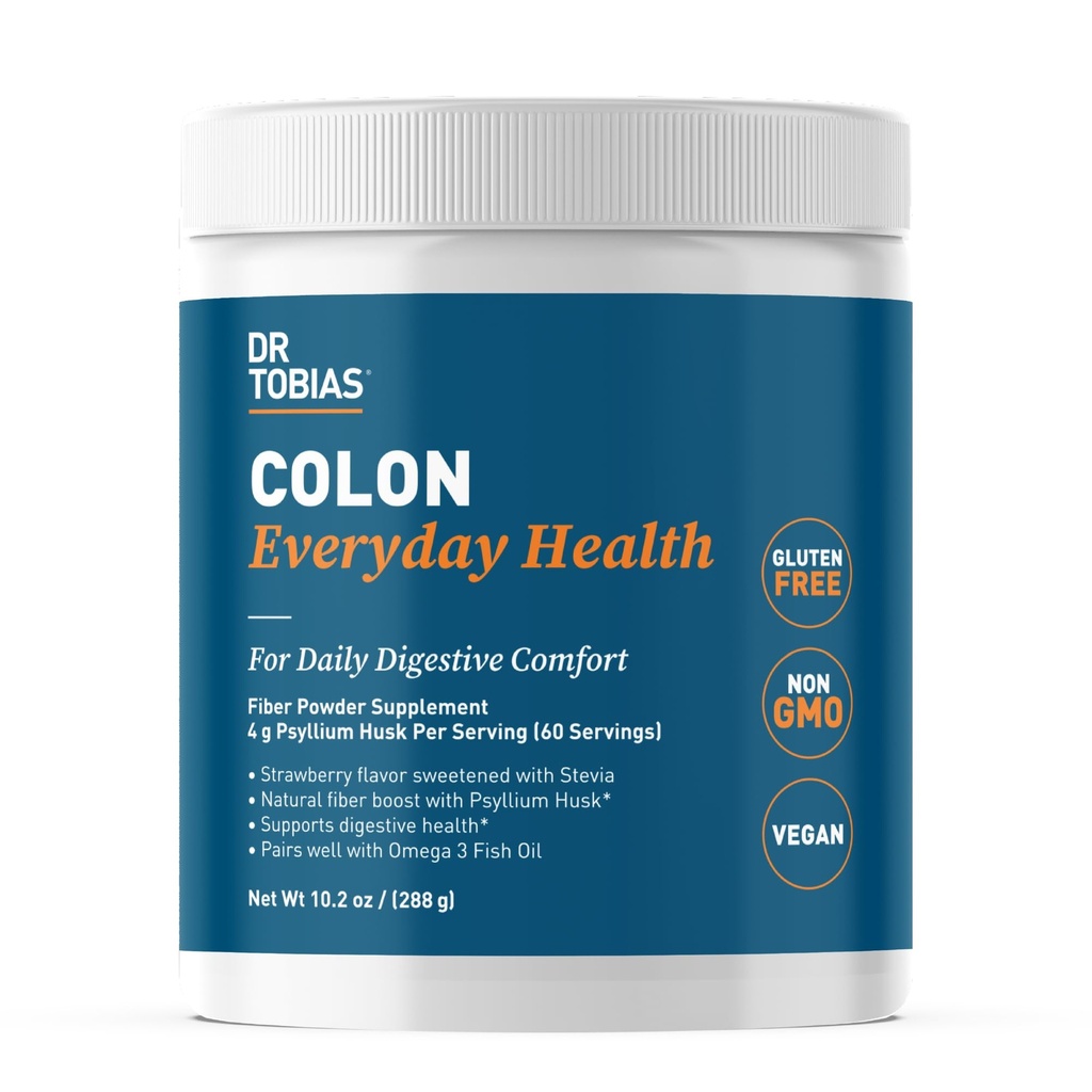 Dr. Tobias Colon Everyday Health - Gut Health for Women & Men - Psyllium Fiber Powder Drink met 4g Psyllium Husk Powder per Serving, Vegan, Gluten Free, Non-GMO, Aardbei smaak, 60 Servers