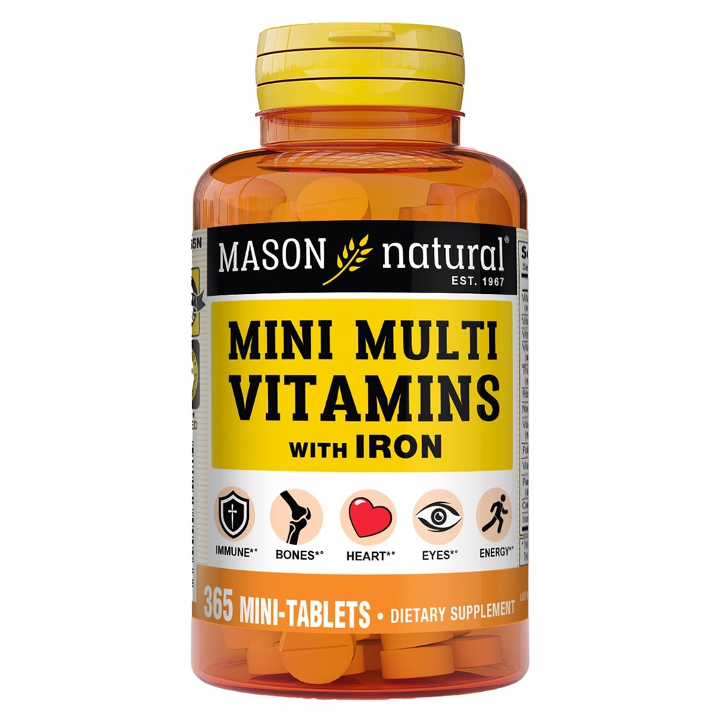 MASON NATURAL Mini Multi Vitamins with Iron, Vitamins A, C, D, E, B1, B2, B3, B6, B12, Folate and Calcium for Overall Health, 1 Year Supply
