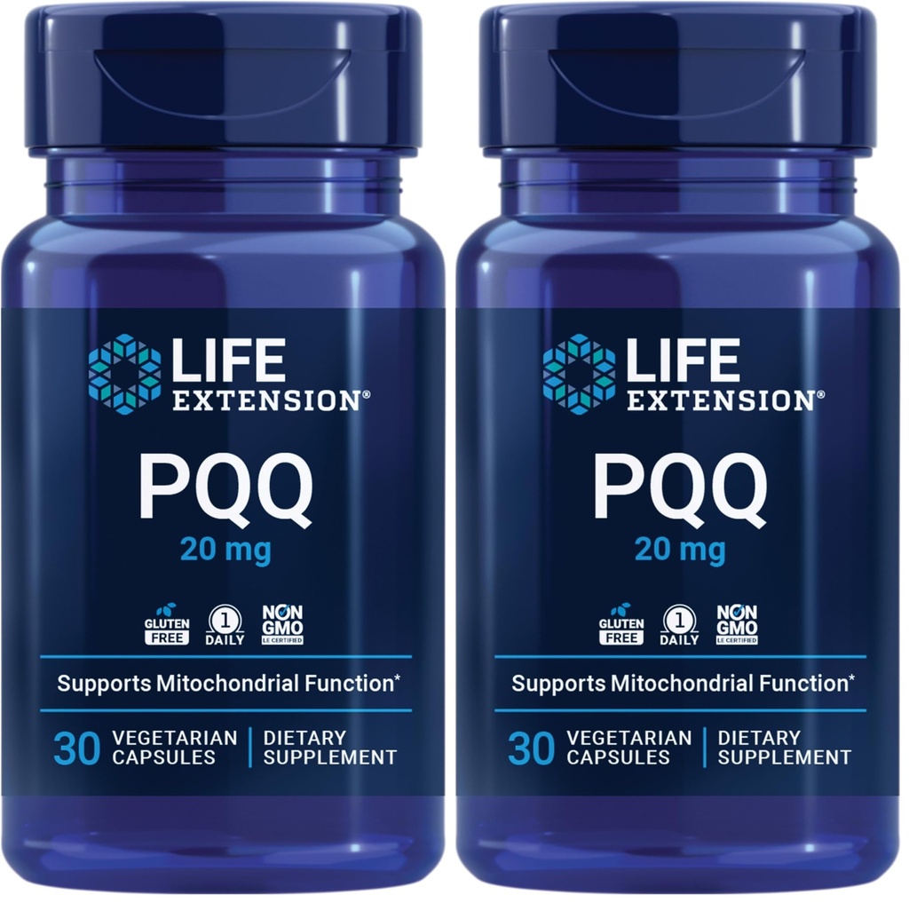 Extension de vie PQQ, pyrroloquinoline Quinone, 20 mg, favorise la croissance de nouveaux mitochondries, sans gluten, non OGM, végétarien, 1 jour, 30 capsules (paquet de 2)