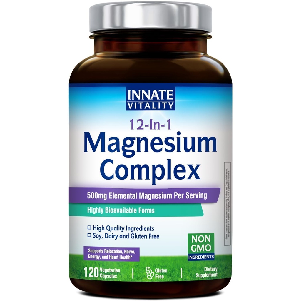 Innate Vitality 12-in-1 Magnesium Complex, 500 mg Elemental Mag, with Magnesium Glycinate Malate Taurate Aspartate & More, Non-GMO, for Nerves, Sleep, Heart, Energy, 120 Veg Caps