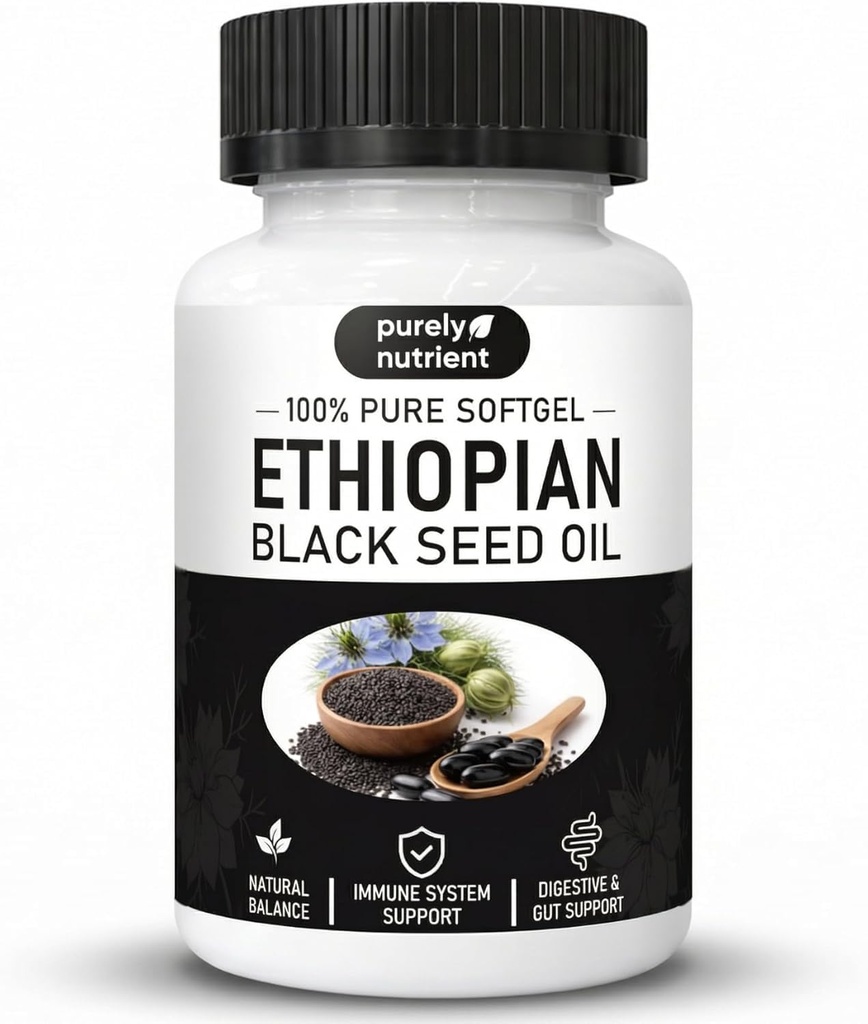Purely Ethiopian Black Seed Oil Capsules, Purely Nutrient Ethiopian Black Seed Oil Capsules 4.64% Thymoquinone, Organic Cold Pressed, Non-GMO, Gluten-Free, 60 Softgels