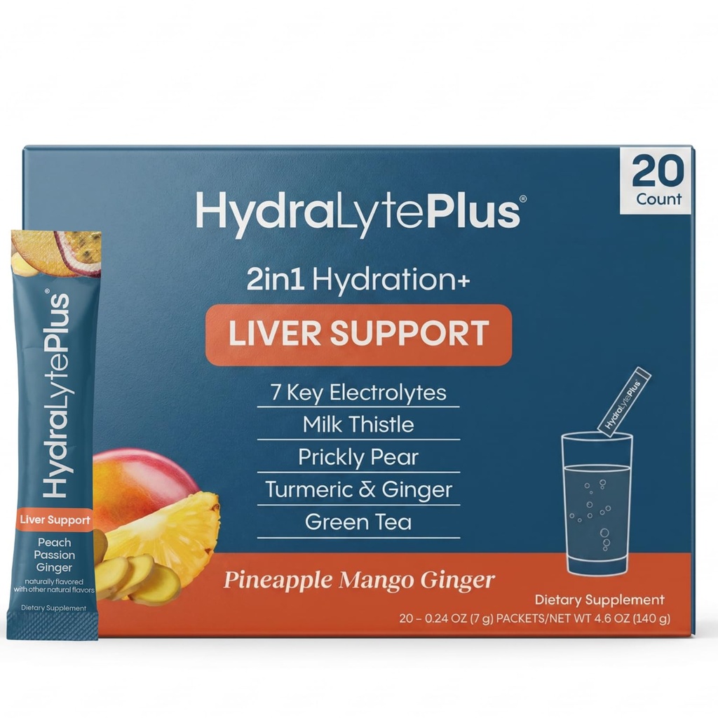 Hydralyte Lever Ondersteuning + Electrolyte Mix met melkdistel, Kurkuma, Gember, Prickly Pear, Green Tea Extract Geformuleerd voor snelle rehydratatie (Pineapple Mango Ginger, 20 Packets)