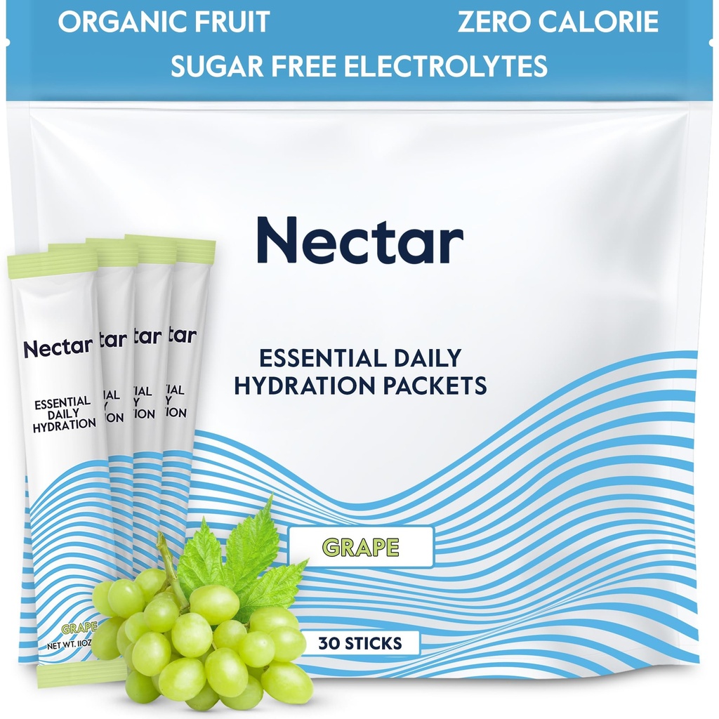 Nectar Hydration Packets - Electrolytes Powder Packets - Sugar Free & 0 Calorie - Organic Fruit Liquid Daily IV Electrolytes Powder for Dehydration Relief & Rapid Rehydration (Grape 30 Pack)