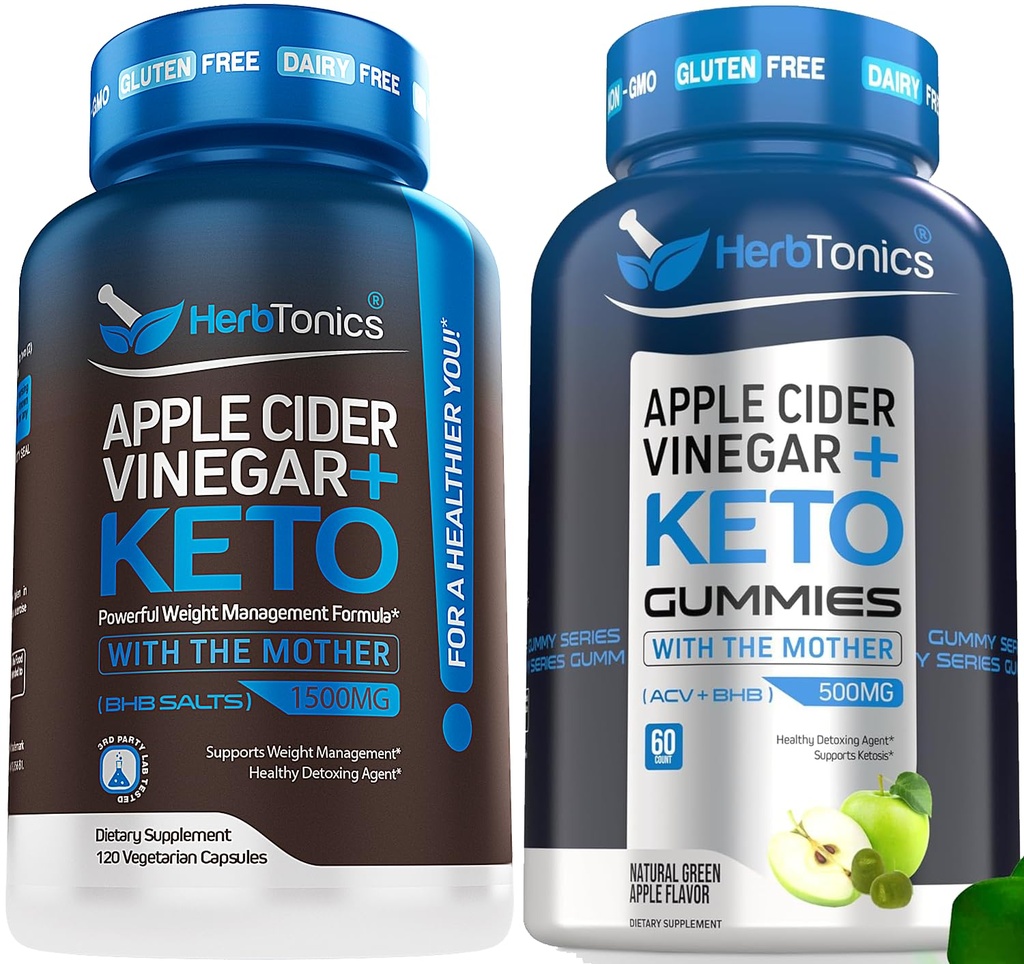 Herbtonics Apple Cider Vinegar Capsules met Keto BHB - Ondersteunt spijsvertering, Detox, en Metabolisme voor vrouwen en mannen, Sugar-Free, Keto Formule.