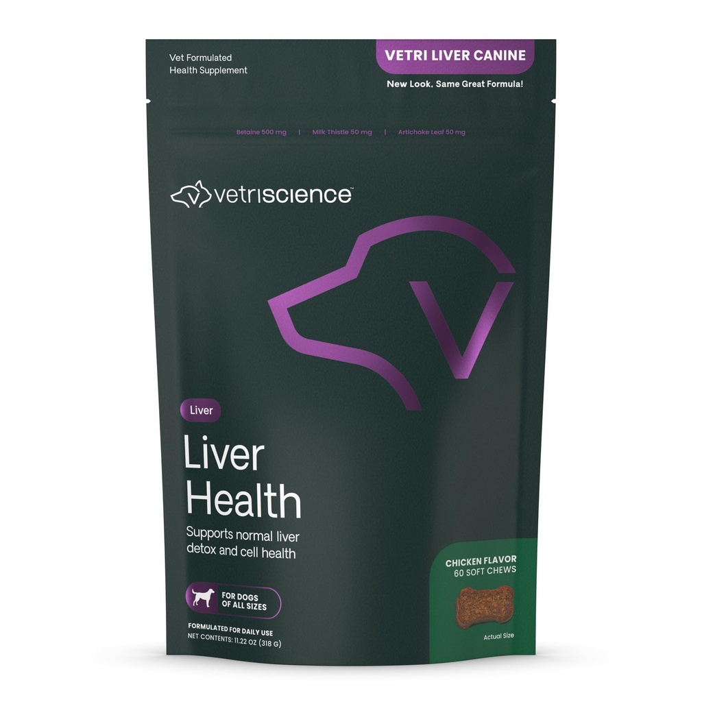 VetriScience Santé du foie Chews avec le chardon de lait, Vetri Supplément de détox foie pour les chiens, le curcuma et la feuille d'artichaut pour le soutien du foie et la désintoxication, poulet, 60 comte