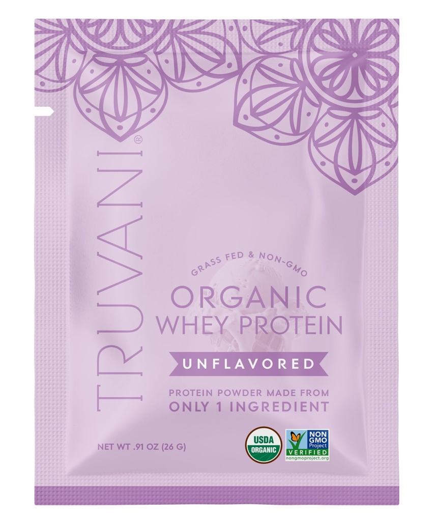 Truvani Organic Whey Protein Powder | Unflavored | 20g Grass Fed Whey Protein | 1 Serving | USDA Organic & Non-GMO | Gluten Free | No Gums, No Soy, No Stevia, No Added Sugars