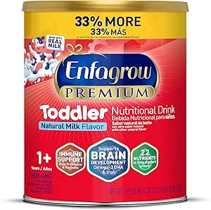 Enfagrow Premium Peuter Voedingsdrank, Gemaakt met echte melk, Hersenbouwende Omega-3 DHA, Nutriënten en Prebiotica voor Groei & Immuun Ondersteuning, Niet-GMO, Peuter Melkpoeder, 32 Oz Can