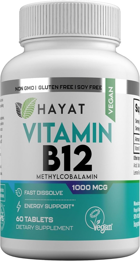 Vitamines HAYAT Vitamine naturelle végétalienne B12 1000 MCG, complément alimentaire pour le métabolisme énergétique, 2 mois d'approvisionnement, tous naturels, certifiés Halal, 60 comprimés, fabriqués aux États-Unis