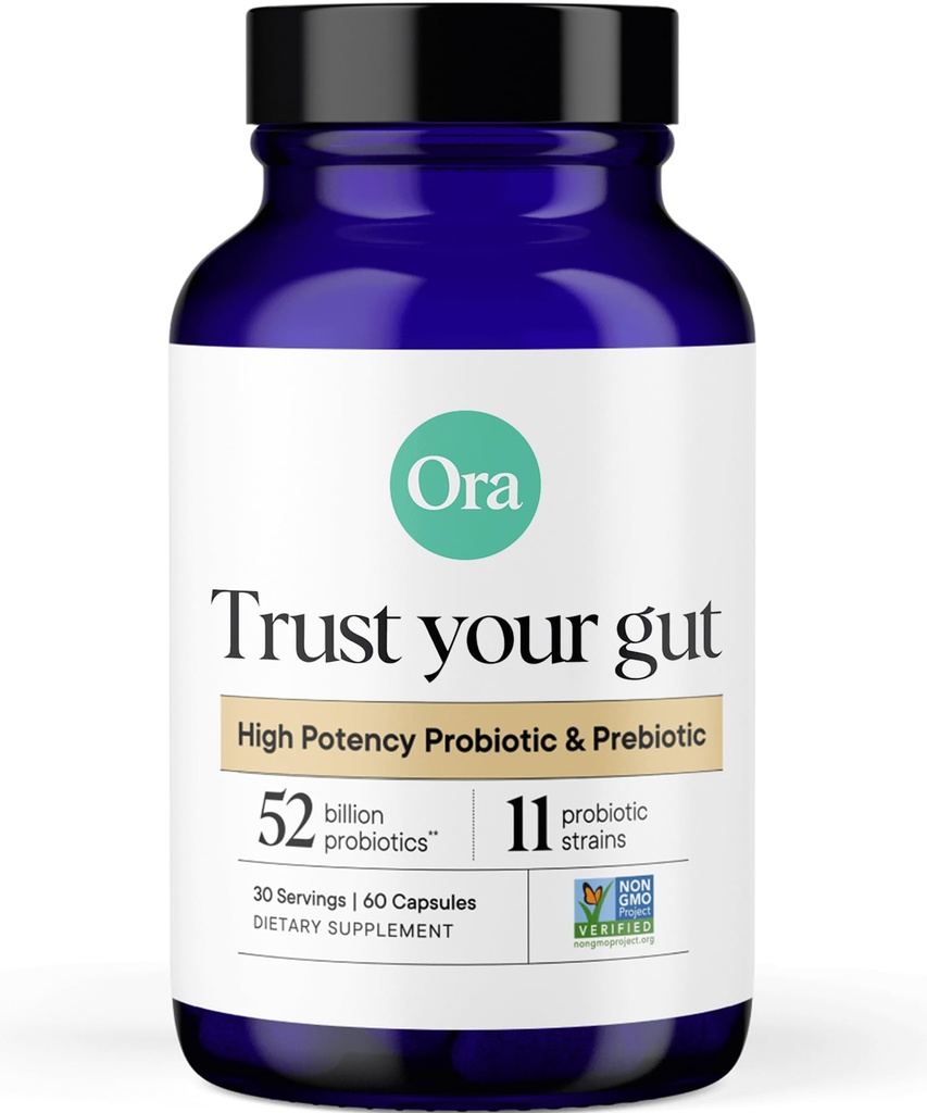 Ora Organic Probiotics with Prebiotics - 52 Miljard CFU 11 Klinisch bestudeerde strepen voor de spijsvertering gezondheid, Vertrouw op je buik, Glutenvrij, 60 Capsules