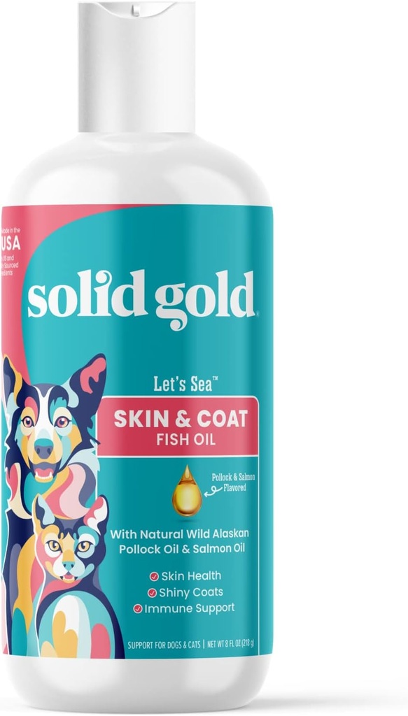 Solid Gold Omega 3 Visolie voor honden en katten - Wild Alaska zalmolie voor honden Huid- en jasondersteuning - Omega 3 Hondensupplement Liquid w/Pollock, vetzuren, EPA & DHA voor Immune Ondersteuning - 8oz fles