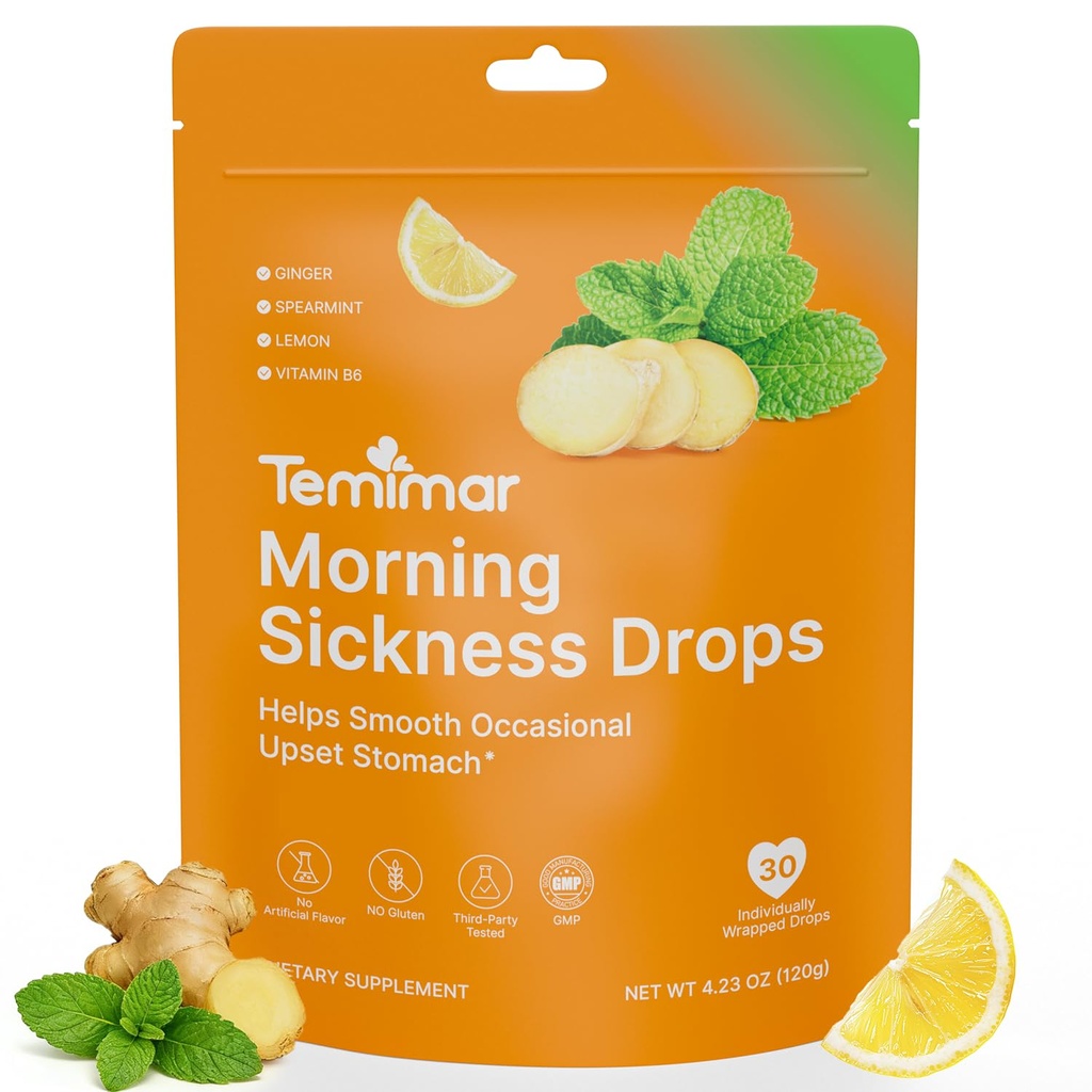 Morning Sickness Drops, Nausea Relief for Pregnant Women, Ginger Candy for Upset Stomach & Motion Sickness Relief, Added Vitamin B6 for Pregnancy Nausea Relief, 30 Individually Lozenges