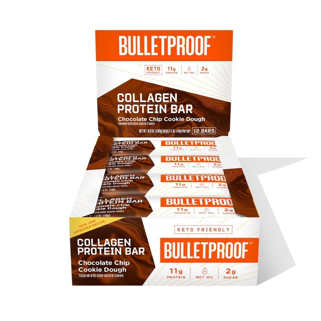 Kogelvrij Chocolate Chip Cookie Dough Collageen Proteine Bars, Pak van 12, Keto-Friendly Snack met MCT olie, Grass-Fed Collageen, Geen toegevoegde suiker