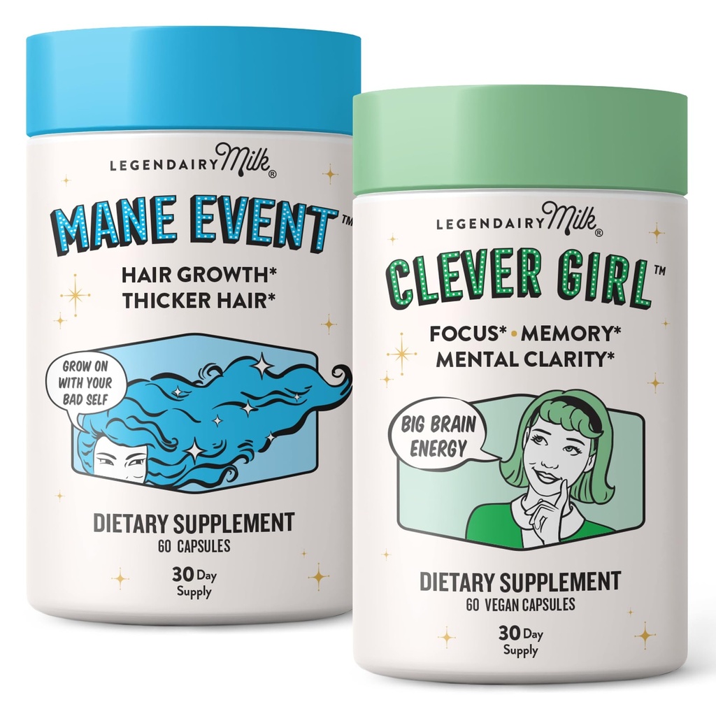 Legendairy Milk Mane Event Hair Growth Vitamins + Clever Girl Focus & Brain Support Supplement