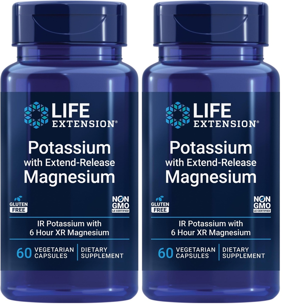 Life Extension Potassium with Extend-Release Magnesium – Heart Health Supplement for Blood Pressure Support with Two Essential Minerals – Non-GMO, Vegetarian, Gluten-Free – 60 Capsules (Pack of 2)