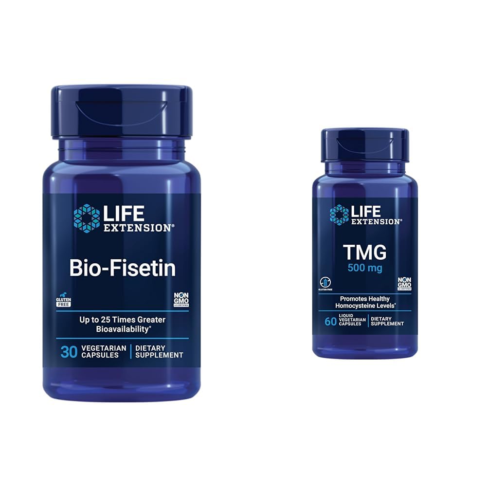 Life Extension Bio-Fisetin Fisetin Galactomannans Fenugreek Seed Cellular Health Cognitive Health Longevity Gluten-Free Vegetarian Non-GMO 30 Capsules and TMG 500mg 60 Liquid Vegetarian Capsules