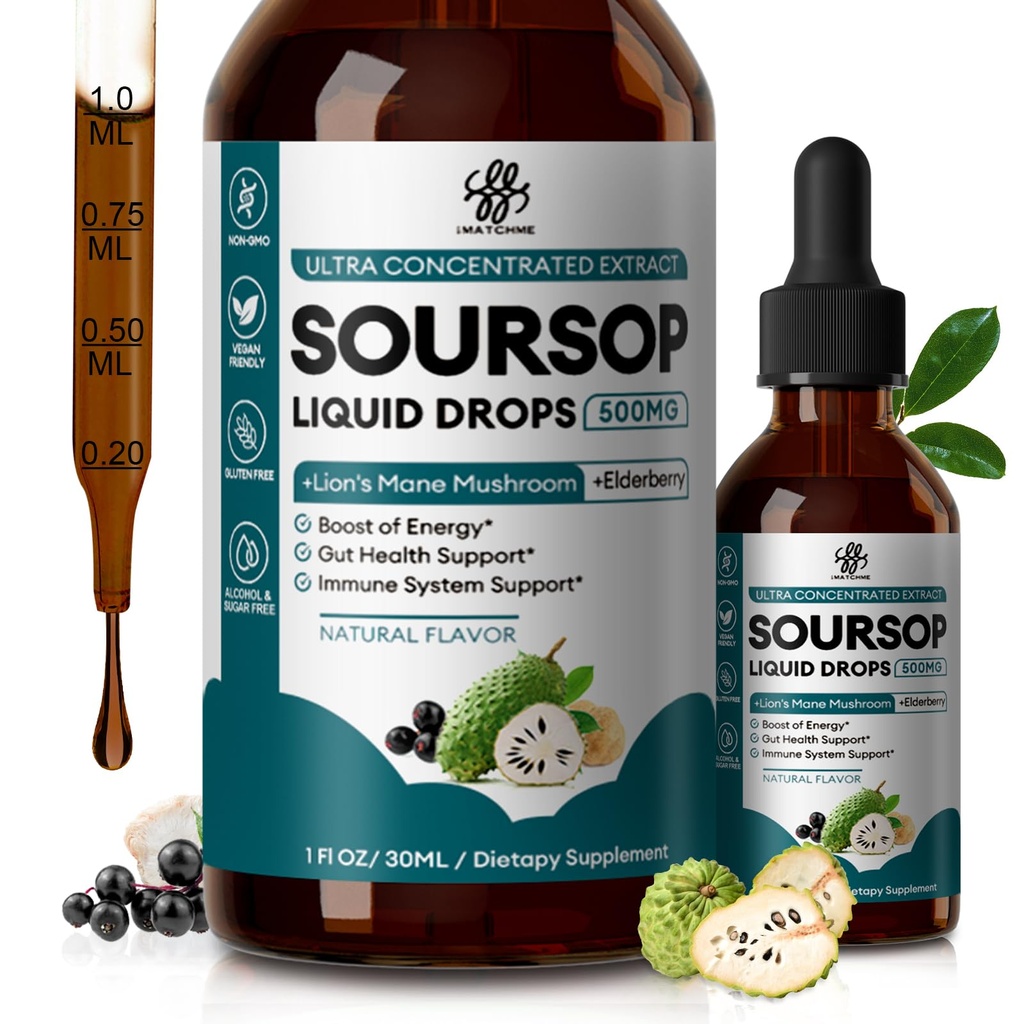 iMATCHME Soursop Graviola Liquid Drop for Immune, Gut, Antioxidants, Cell & Energy, Soursop Bitters Liquid with Elderberry & Lion Mane Mushroom, 3X Power Herbal, Sugar-Free, Natural Flavor, 1 Fl Oz