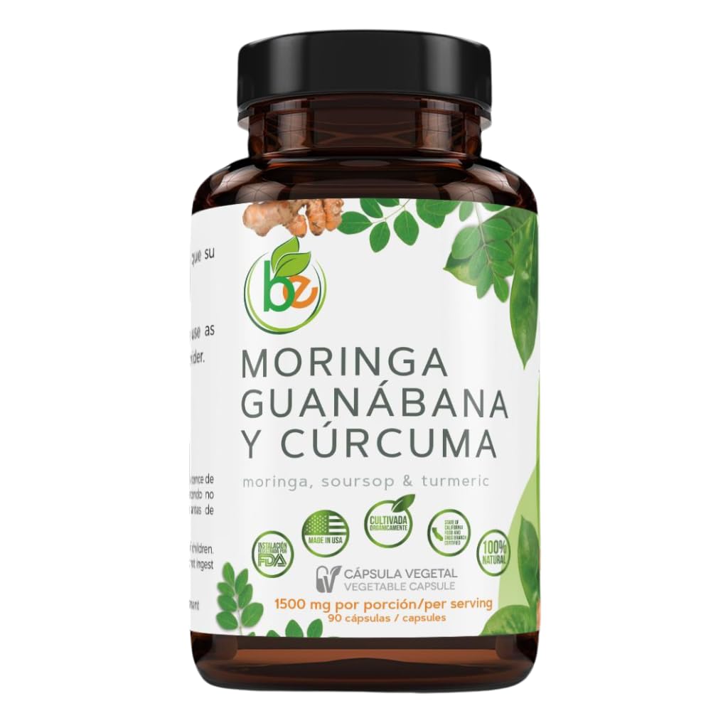 Moringa, Guanabana & Curcuma (Moringa, Soursop, & Turmeric) 90 Capsules 1500 mg per Serving Powerful Blend of 100% Natural Premium Ingredients, Vegetable, cultivada organicamente |organically Grown
