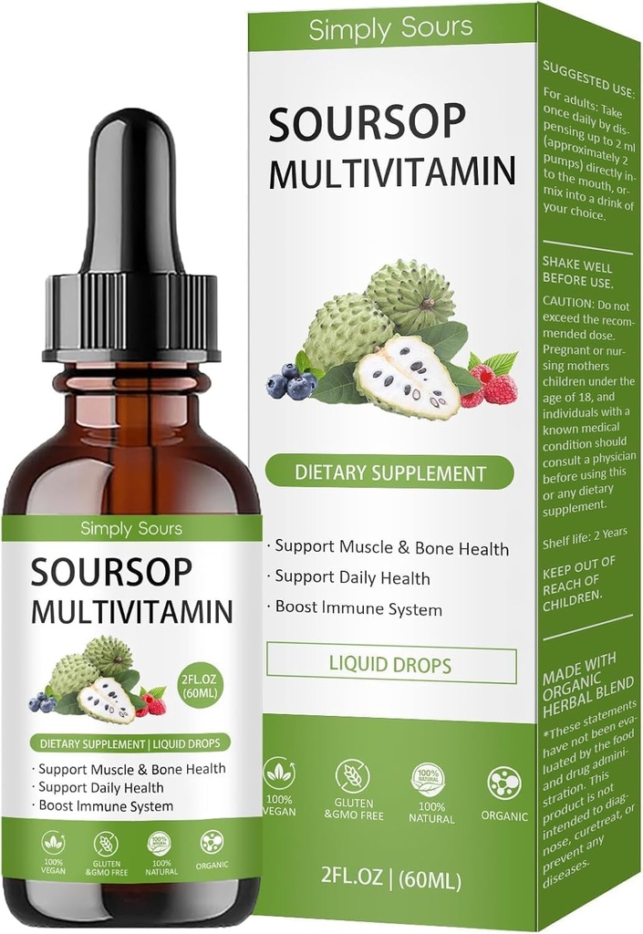 Simply Sours Organic Soursop Graviola Extract Drops - 5000mg Pure Leaf & Fruit Liquid Supplement, Sugar-Free Gluten-Free, 2 fl oz (60 Servings)