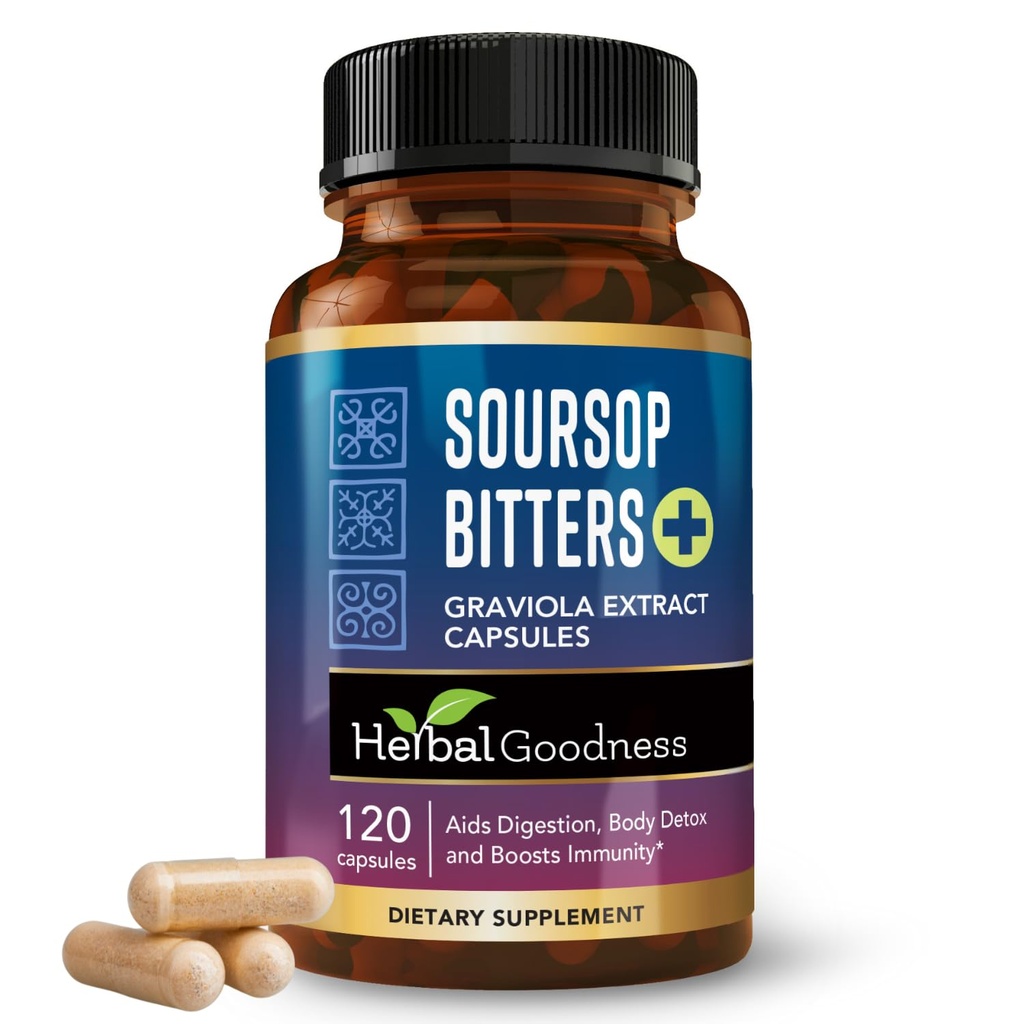 Herbal Goodness Soursop Bitters Capsules 120 ct - 10 in 1 with Moringa, Papaya, Burdock & Ginger | Cell, Gut & Immune Support Supplement, Soursop Leaves Organic, Natural Herbal Tonic, Vegan, Non-GMO