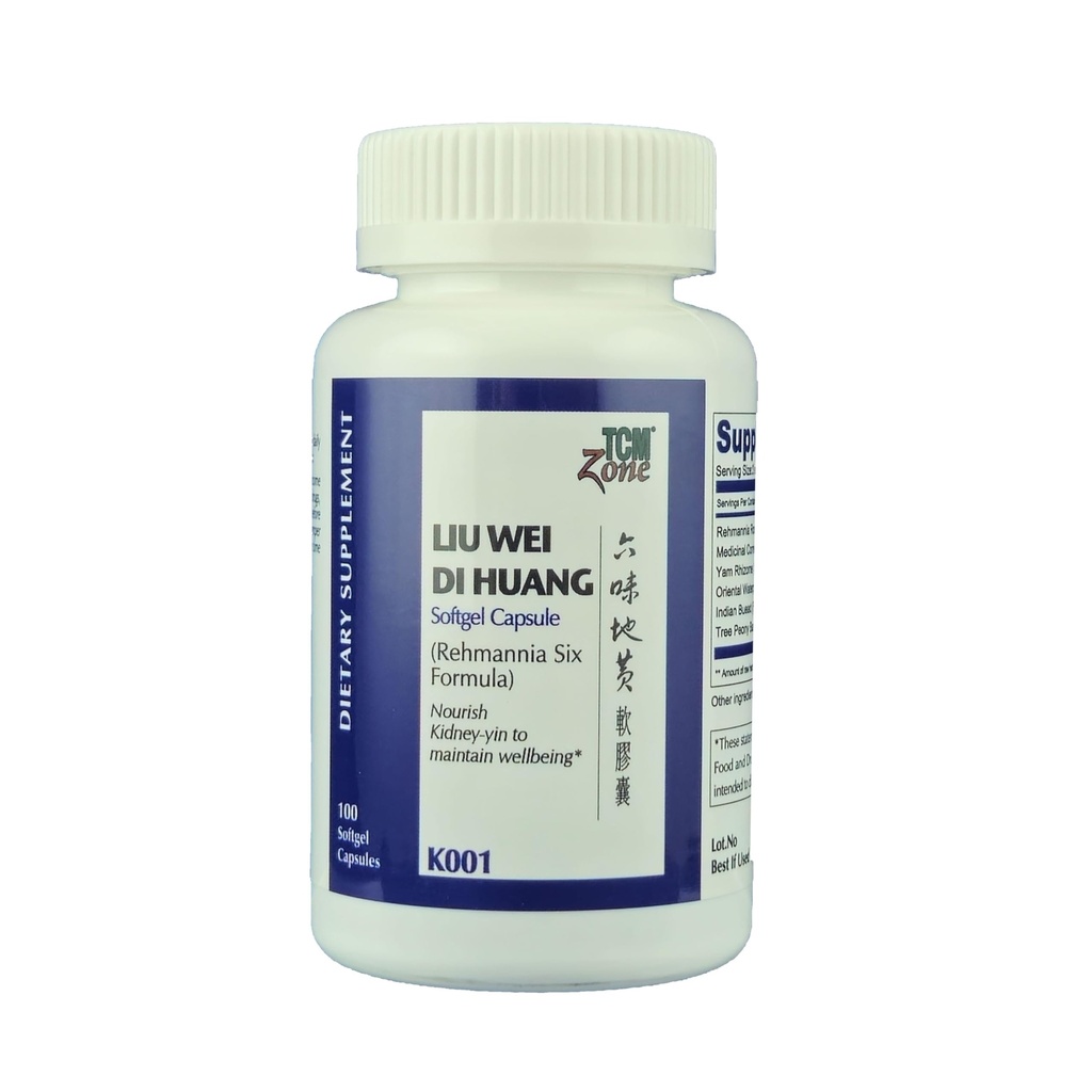TCM ZONE Lui Wei Di Huang Softgel Capsule (Rehmannia Six Formula) 100 Softgel Capsules for Kidney Yin Nourishing*