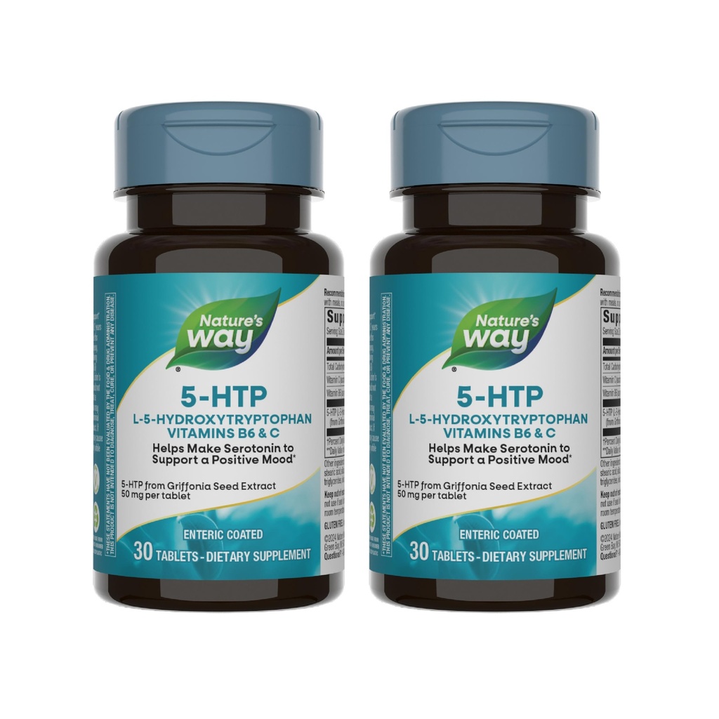 Nature's Way 5-HTP, L-5-Hydroxytryptofaan, helpt bij het maken van serotonine om een positieve Outlook*, Vitamine B6, Vitamine C, Griffonia Bean Extract, 30 tabletten (Verpakking mei Vary) - 2 Pack