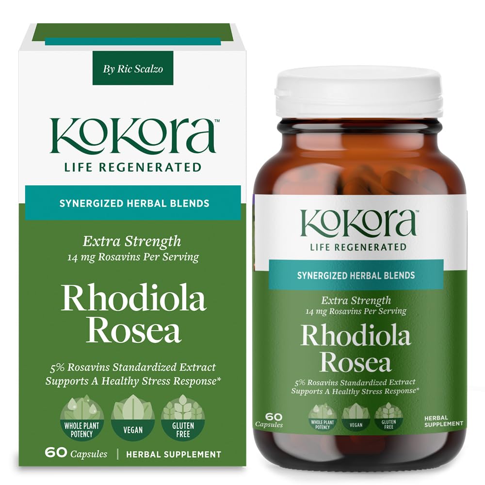 kokora Extra Strength Rhodiola Rosea – Stress Relief, Endurance & Promotes Mental & Physical Performance* - with Siberian Rhodiola, Rosavins, Organic Holy Basil - Vegan, Non-GMO - 60 Capsules
