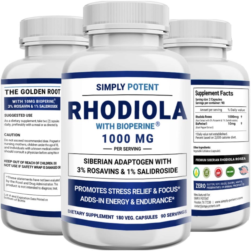 Simply Potent Siberian Rhodiola Rosea Capsules, Max Absorption Rhodiola 1000mg 180 Pills with 10mg Bioperine, Rhodiola Root Powder Extract Supplement w 3% Rosavins & 1% Salidroside for Mood & Energy
