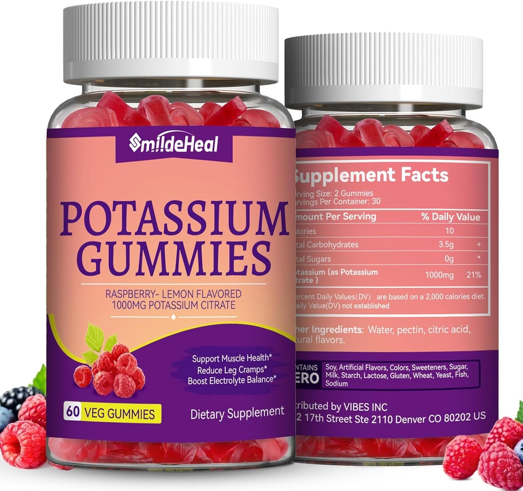 2 Pack Kalium Supplement Gummies 1000mg, Kalium Gummies voor Volwassenen, Ondersteuning Been Krampen & Muscle Health - Vegan, Non-GMO,120 Tellen