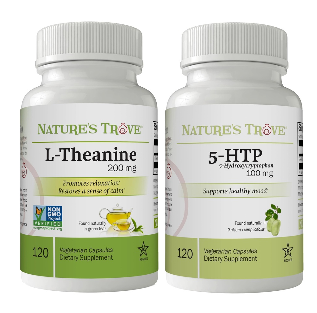 Nature's Trove L-Theanine 200mg 120 Capsules végétariennes et 5-HTP 100mg 120 Capsules végétariennes - Stack d'humeur calme et sain