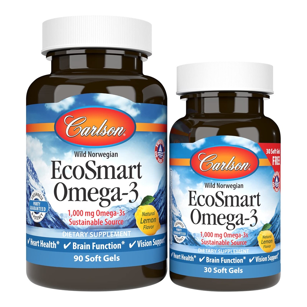 Carlson - EcoSmart Omega-3, 1000 mg Omega-3s Sustainable Source, Heart Health, Brain Function & Vision Support, Lemon, 90+30 soft gels