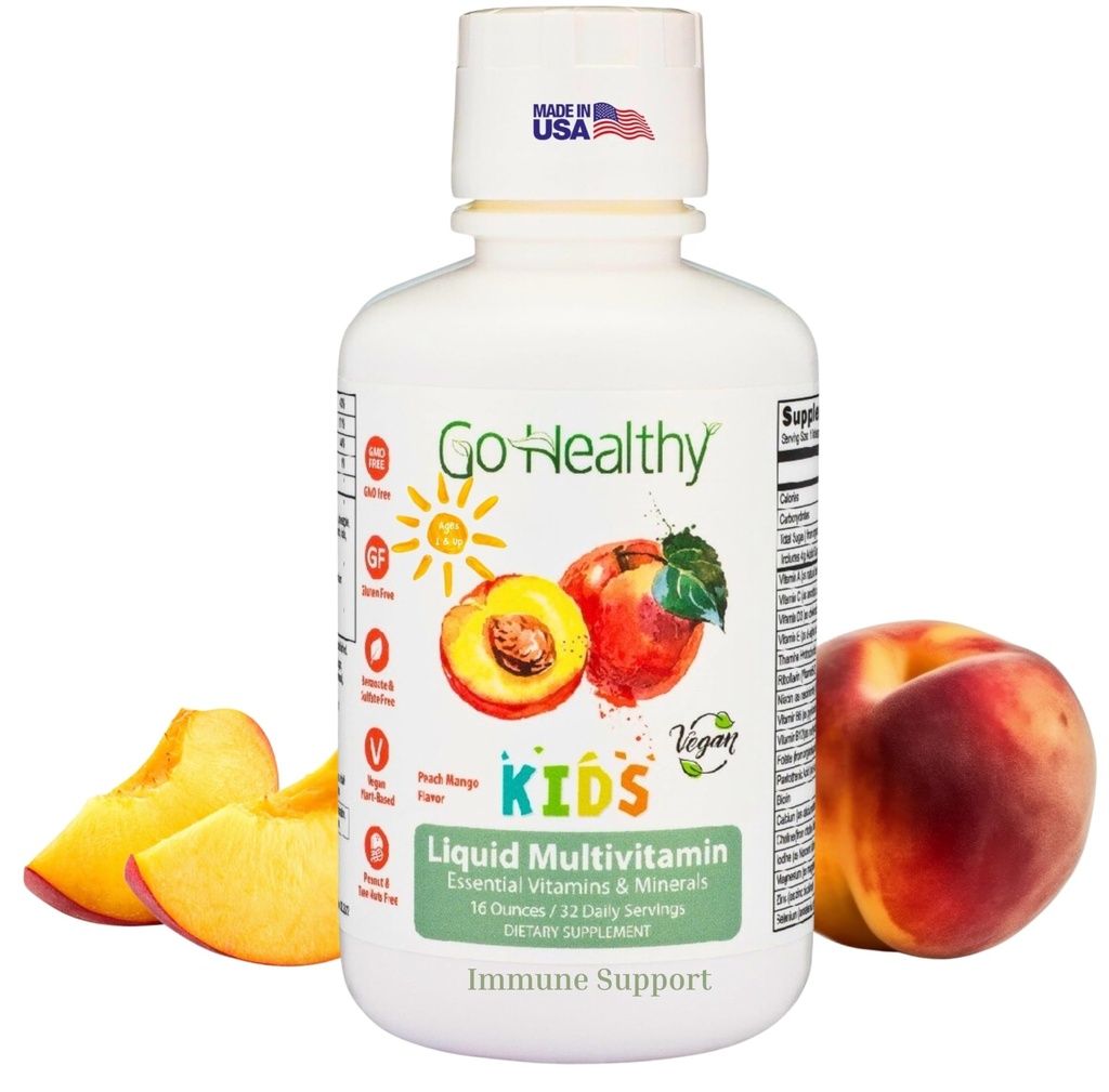Des enfants en bonne santé Multivitamine liquide, soutien immunitaire, Multivitamines liquides pour enfants, Vitamines véganes à absorption élevée, Vitamines pour enfants Multivitamine Peach Mango - 30-60 portions