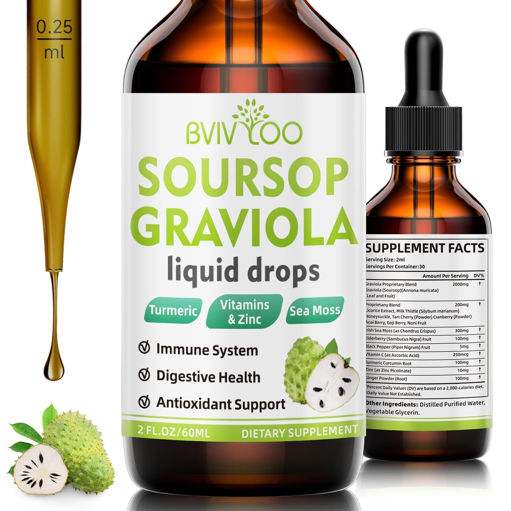 Soursop Graviola Liquid Drops - 2000mg Pure Sousop Extract Blended with 300mg Sea Moss & 100mg Vlierbes - Krachtige Cell Support, Antioxidant-Rich, Immune-Boosting - 2 Fl Oz (60ml) Fles
