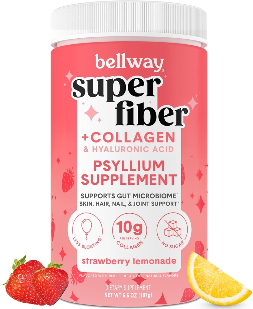 Bellway Super Fiber Powder + Collageen, Sugar-Free Psyllium Husk Powder met Collageen Peptiden en Hyaluronzuur voor Gut Health, gezonde huid, Nagels, Bones & Joints, Aardbei Lemonade (11 Serves)