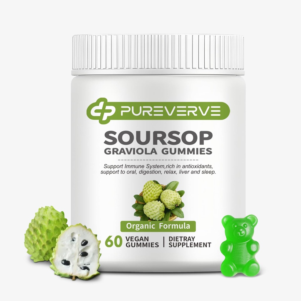 Soursop Graviola Gummies, Max Strength Soursop Leaves Extract with Sea Moss & Zinc for Cell Support & Regeneration, Immunity, Liver and Antioxidant, Sugar/Gluten Free, Vegan - 60 CT