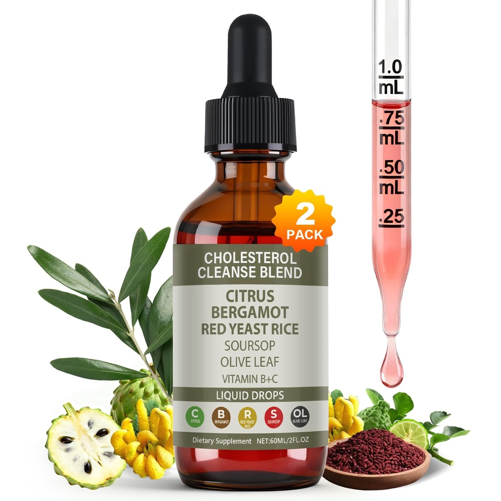 2 Pack Red Yeast Rice Drops with Citrus Bergamot, Olive Leaf & Soursop – Natural, Non-GMO, Vegan Cholesterol Support Blend, High Absorption Formula – 4 fl oz