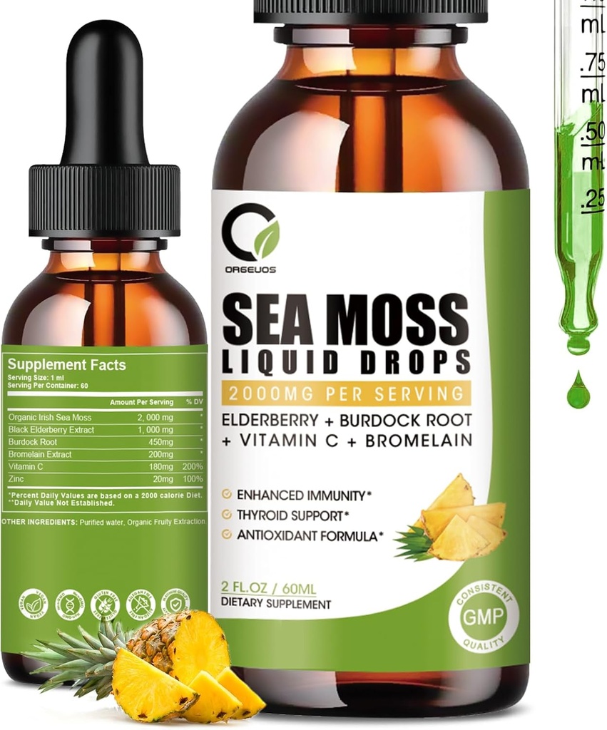 Sea Moss Drops 2000mg, Irish Sea Moss Supplement ondersteunt Immuniteit, met Zwarte Vlierbes, Burdock Root, Bromelain, Vitamine C & Zink, 2 Fl.Oz, Ananas smaak