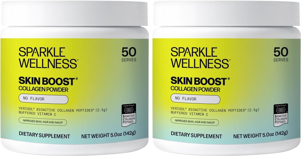 Sparkle Wellness VERISOL Bioactive Hydrolyzed Collagen Peptides | Collagen Powder Supplement with Vitamin C for Skin, Hair & Nail Health | Skin Boost (No Flavor) [50-Serves] (Pack of 2)