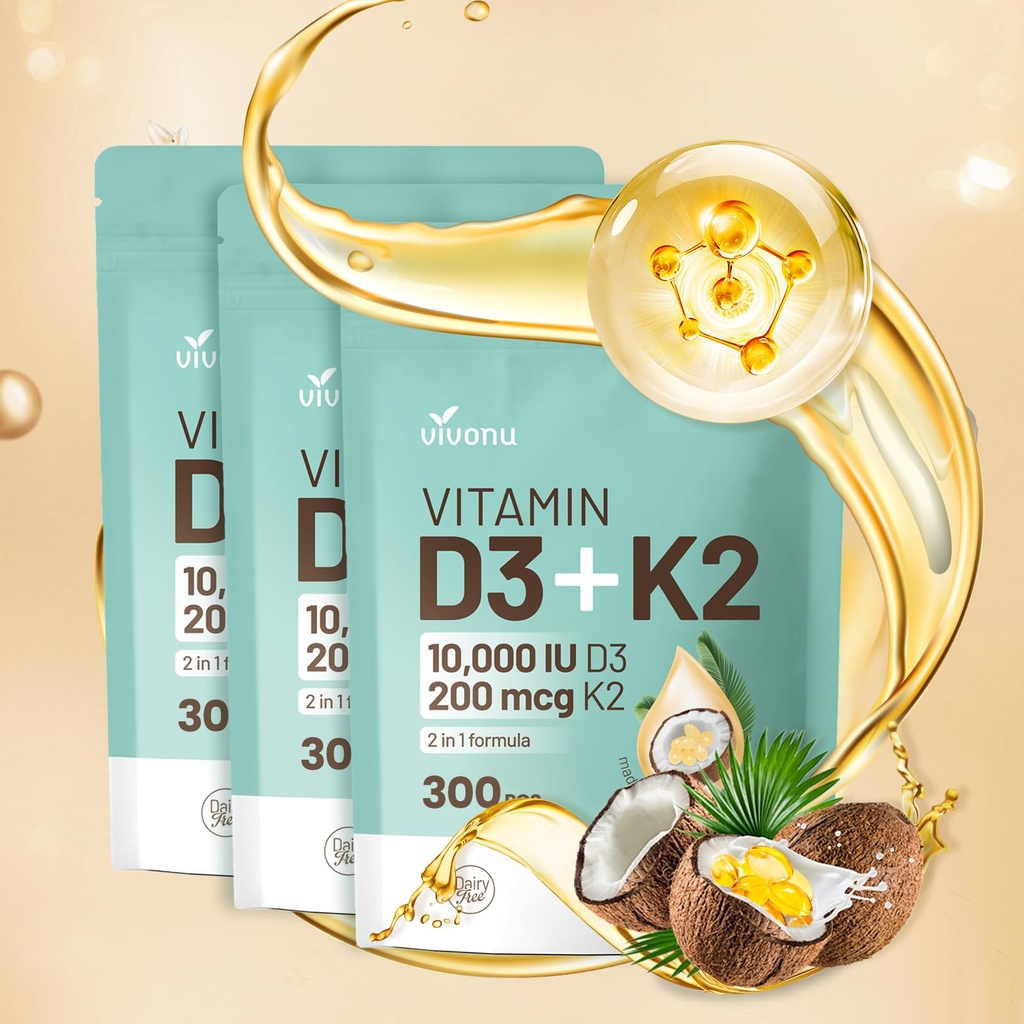 Vitamine D3 10000 iu Plus K2 (MK-7) 200 mcg, 300 Kokosolie Softgels