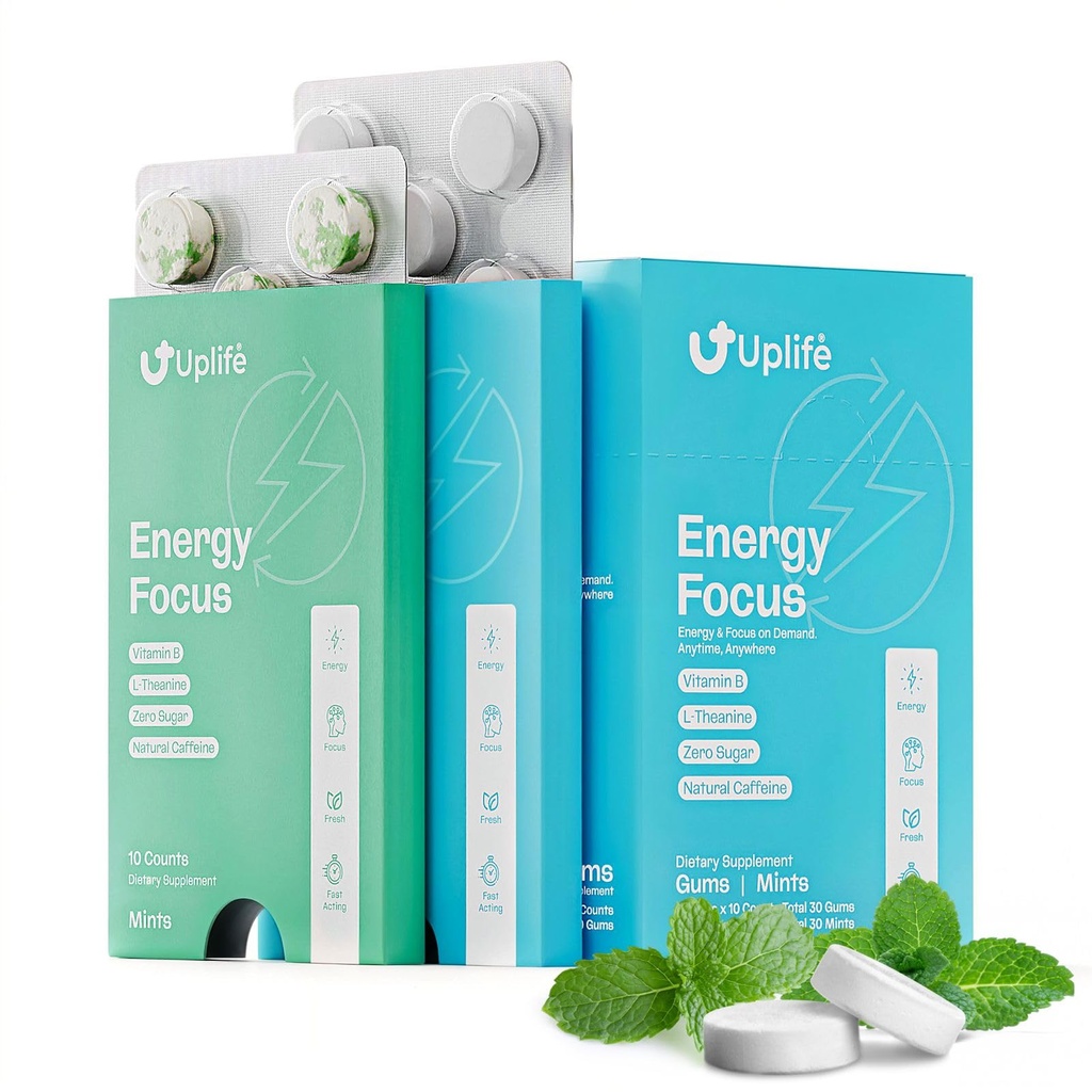 UPLIFE Energy Gum & Mints 60 Pieces (30 Each) – Made in USA - 40mg Natural Caffeine + 80mg L-Theanine + Niacin Vitamin B3 & B12 – Sugar-Free, Vegan – Caffeine Gum & Mint – Peppermint Flavor