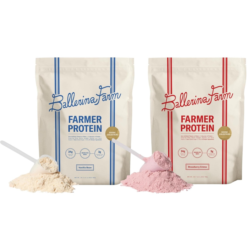Ballerina Farm Grass Fed Whey Protein Powder, Vanilla Bean + Strawberry Crème, 24g Protein with Collagen Peptides, Bovine Colostrum, Hemp Hearts & Prebiotic Fiber, No Added Sugar, 40 Servings Total