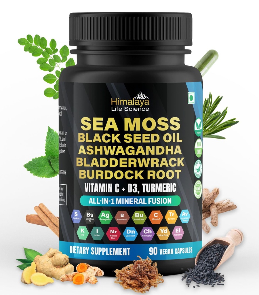 Sea Moss Black Seed Oil Bladderwrack Burdock Capsules. Ashwagandha, Turmeric, Vitamin C, Vitamin D3 with Elderberry Manuka Dandelion Yellow Dock Iodine- 90 Count, All-in-1