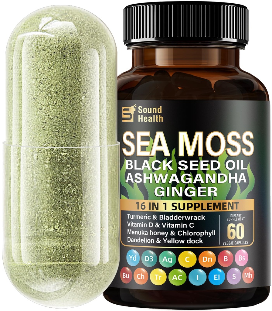 Sea Moss Capsules with Ashwagandha, Turmeric, Bladderwrack, Vitamins C & D for Natural Energy, Sleep Support & Hair Growth, 1200mg Herbal Blend, for Man & Women, Third-Party Tested，16-in-1 Supplement