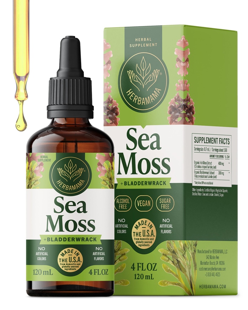 HERBAMAMA Irish Sea Moss Liquid Drops - Vegan Immune Support with Sea Moss & Bladderwrack Complex Tincture - Non-GMO, Alcohol & Sugar-Free Chondrus Crispus Extract Supplement - 56-Day Supply