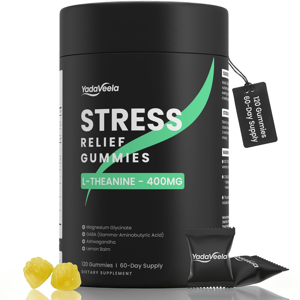 Stress Support Gummies for Kids & Adults, L-Theanine 400mg with Magnesium Glycinate, GABA & Ashwagandha, L Theanine Chewable Supplement for Relaxation, sleep, Calm & Focus, 120 Count, 60 Day Supply