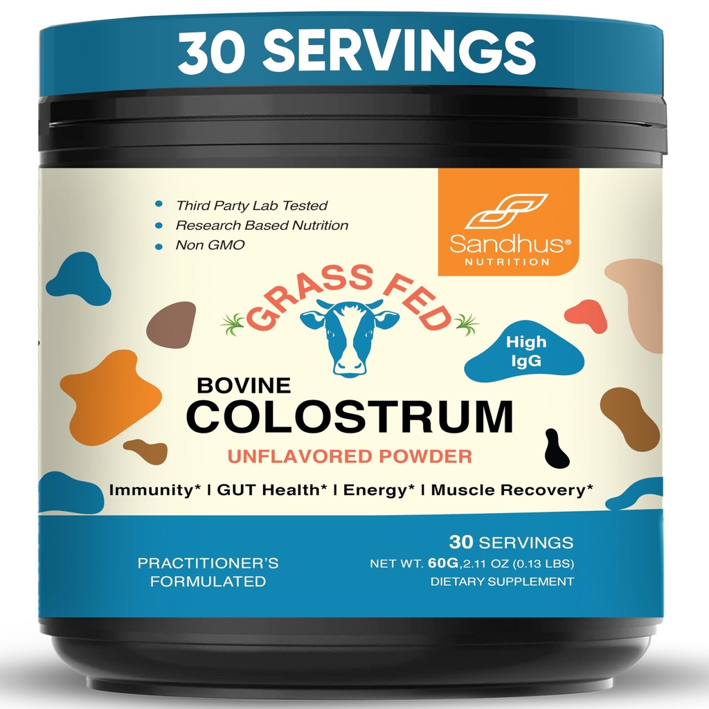 Sandhu's Grass Fed Bovine Colostrum Poudre pour les humains, les adultes de 30 portions (paquet de 1) Supplément de vache de haute IgG pour la santé Gut.