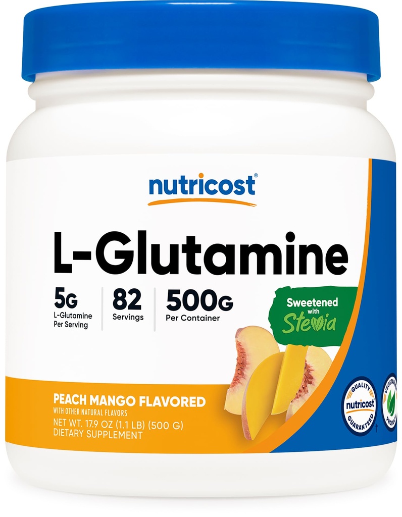 Nutricost L-Glutaminepoeder gezoet met Stevia (500 Gram, Perzik Mango) - Supplement voor Gut Support, 5 Gram L-Glutamine per portie - Glutenvrij, Non-GMO