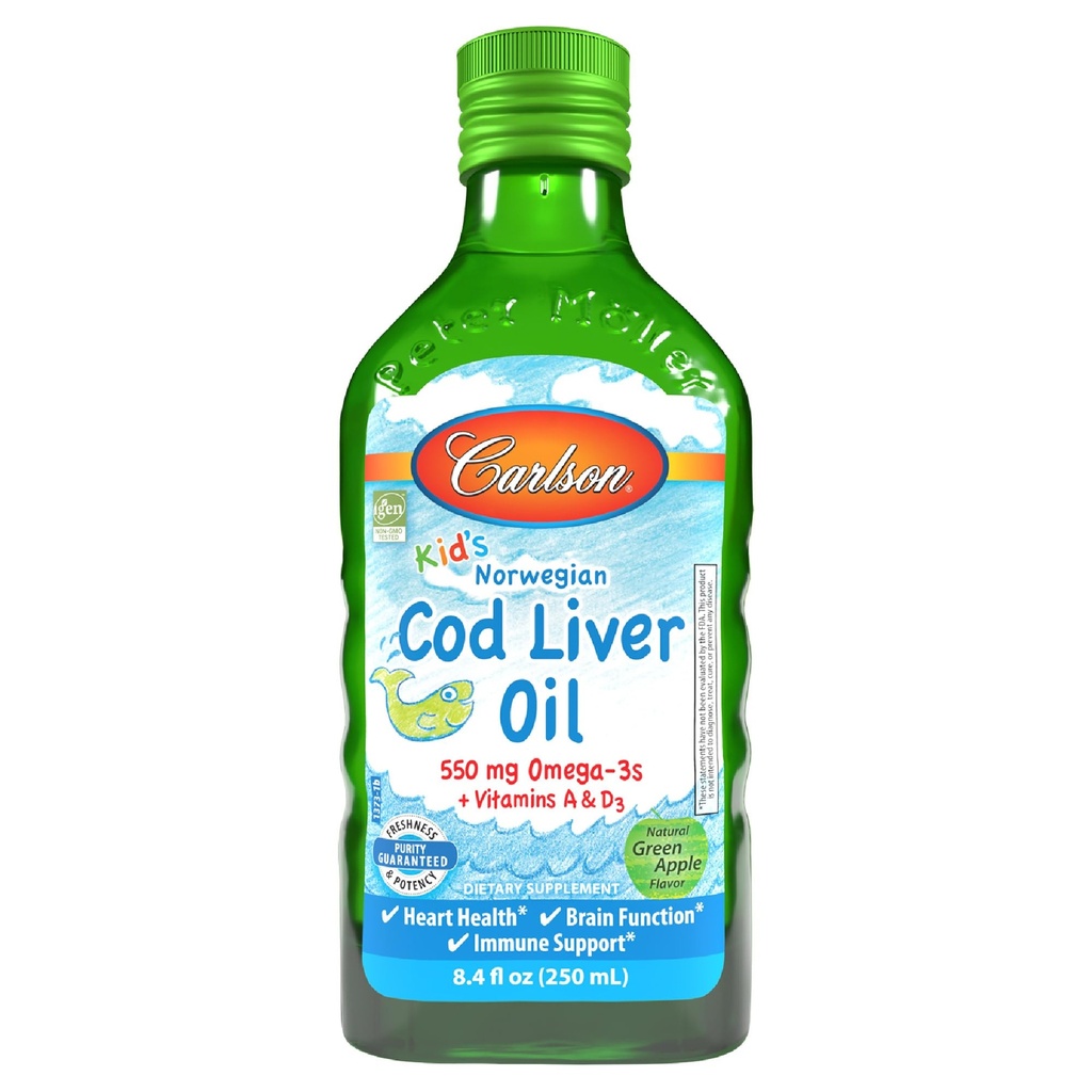 Carlson - Kid's Cod Liver Oil, 550 mg Omega-3s, Plus Vitaminen A en D3, Liquid Fish Oil, Wild Caught Norwegian Arctic Cod, Sustainablely Sourced Nordic Fish Oil, Green Apple, 250 ml (8.4 Fl Oz)