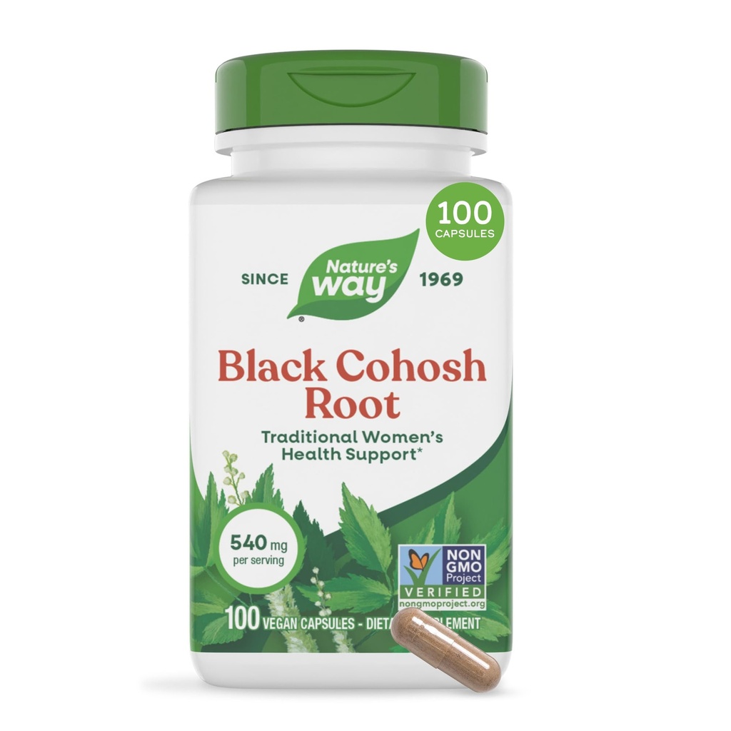 Nature's Way Black Cohosh Root, soutien traditionnel à la santé des femmes*, 540 mg par portion, projet non-OGM vérifié, 100 capsules