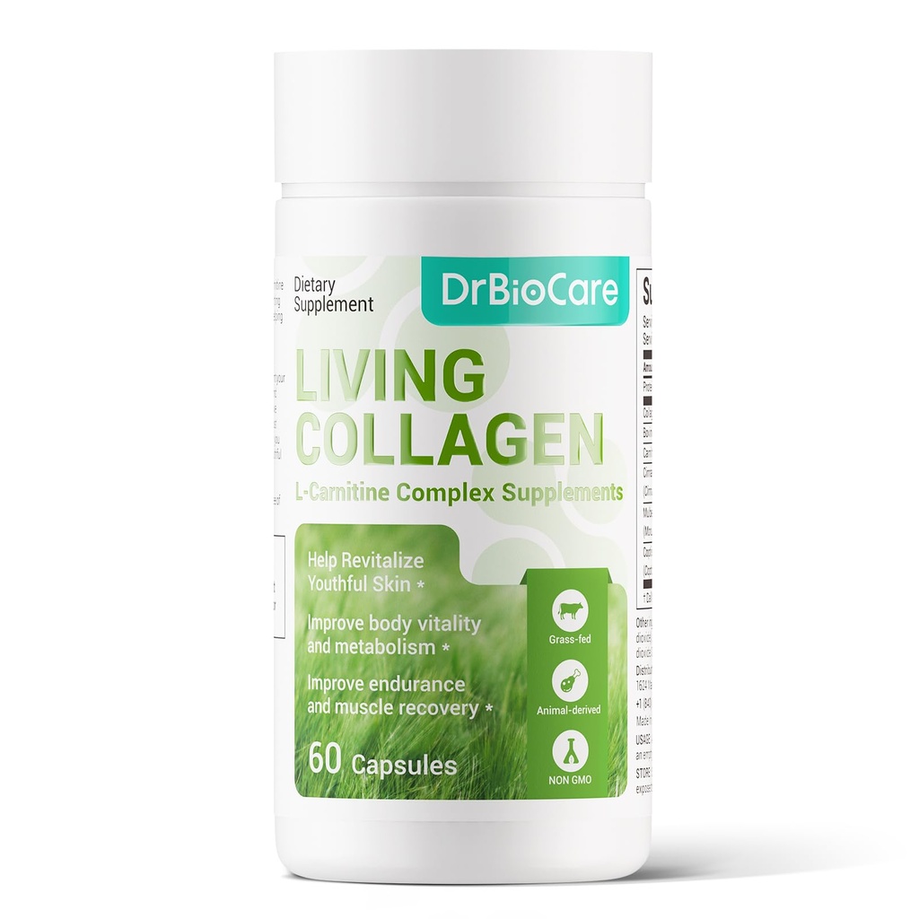 DrBioCare Living Collagen L-Carnitine Complex Supplement, Grass Fed Bovine Collagen Peptides,Bovine Colostrum,Cinnamon Extract,Mulberry Leaf Extract, Non-GMO, 60 Capsules