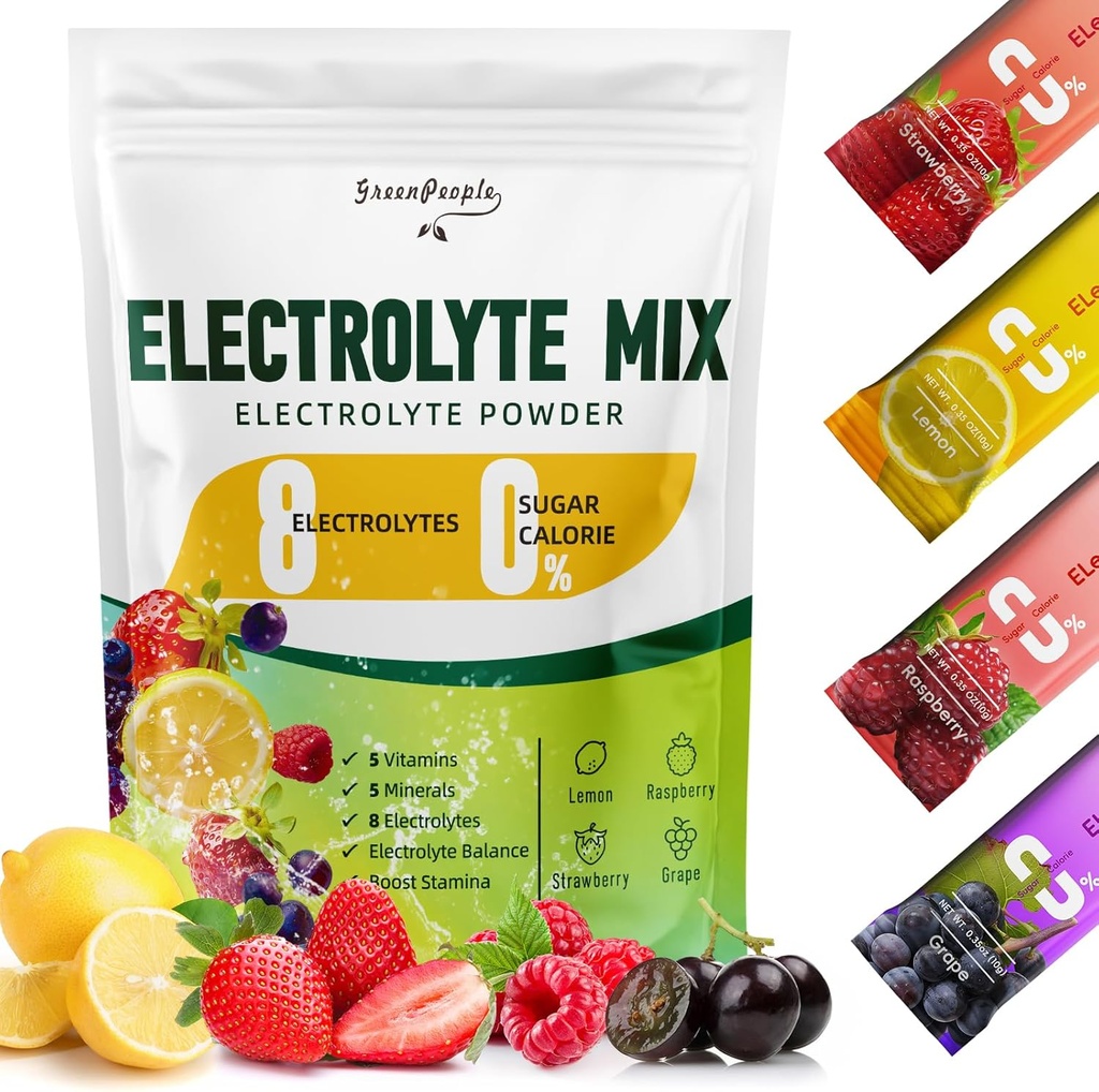 GROENPEOPLE Elektrolyten Poeder Geen Suiker - Suikervrije Hydratatie Elektrolyt Packets - Fruit Smaken Elektrolyt Drink Mix - 8 Elektrolyten 5 Vitaminen & Mineralen Vegan Non-GMO 16 Sticks
